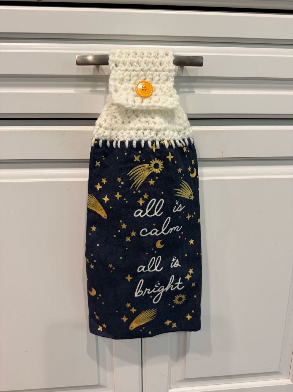 Crochet Top Kitchen Towel- All is calm all is bright